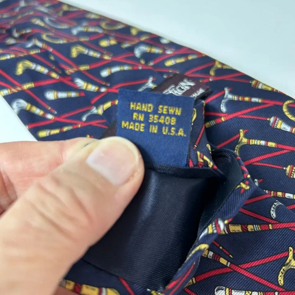 Hickey Freeman 1155 Men's Navy Multicolored Walking Stick Print 100% Silk Tie
